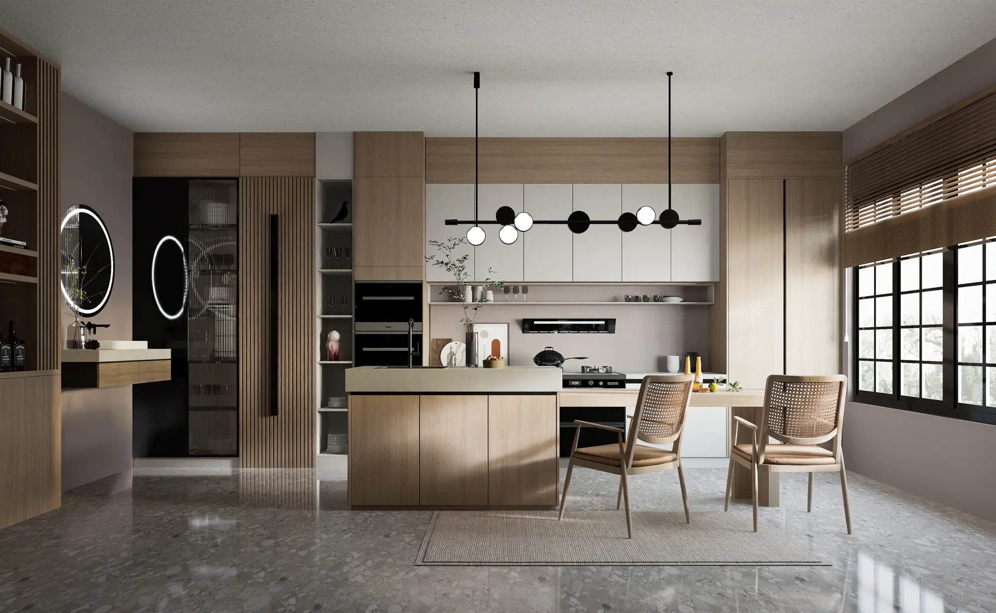 Render of the Doha kitchen: timber and matte cabinetry with a compact dining corner